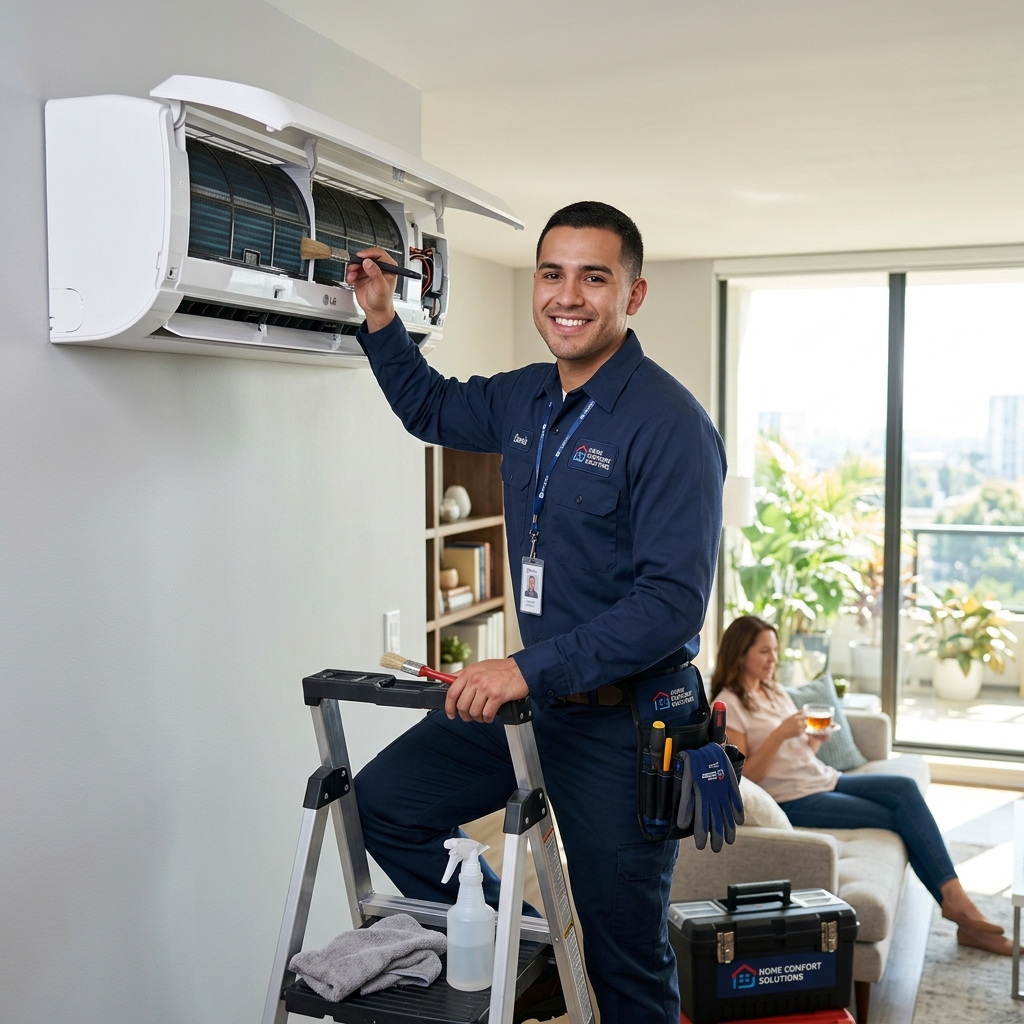 Professional service technician repairing AC unit